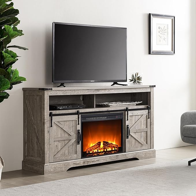 OKD Fireplace TV Stand for 65+ Inch TV, Rustic Media Console w/Sliding Barn