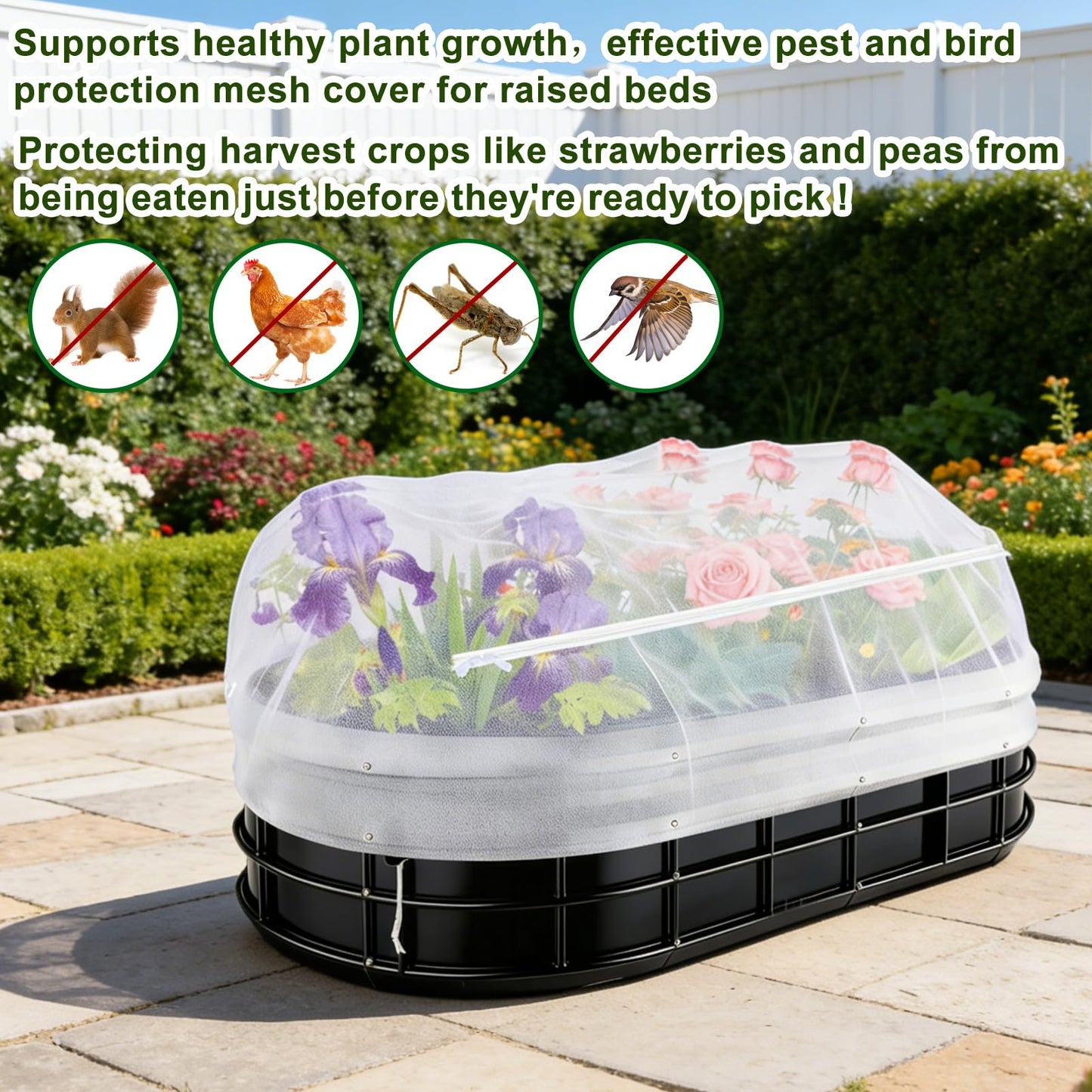 1 Pack Garden Netting for Raised Beds, Fine Mesh Bird Netting Barrier Screen with Zipper Drawstring Garden Bed Plant Cover for Protect Vegetable Fruits Crop from Animals Pest Insect, 6.3×3.3×2Ft