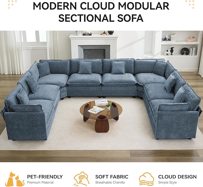 147'' Oversized U Shaped Cloud Sectional Sofa, Chenille Deep Seat Couches