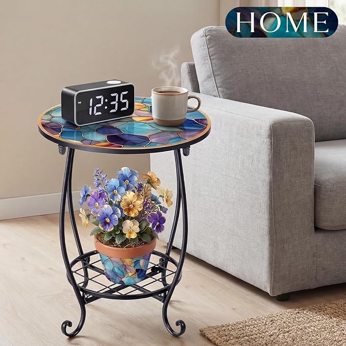 Cinnvoice Outdoor Side Table Round Small Mosaic Patio Accent Indoor End Plant