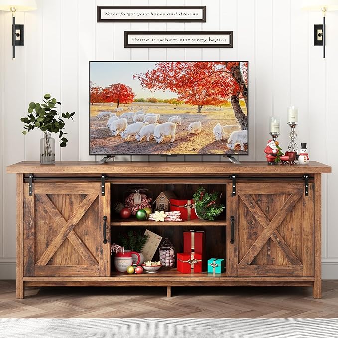 70" Farmhouse TV Stands for 70 75 80inch TV w/Adjustable Shelves, Sliding Barn