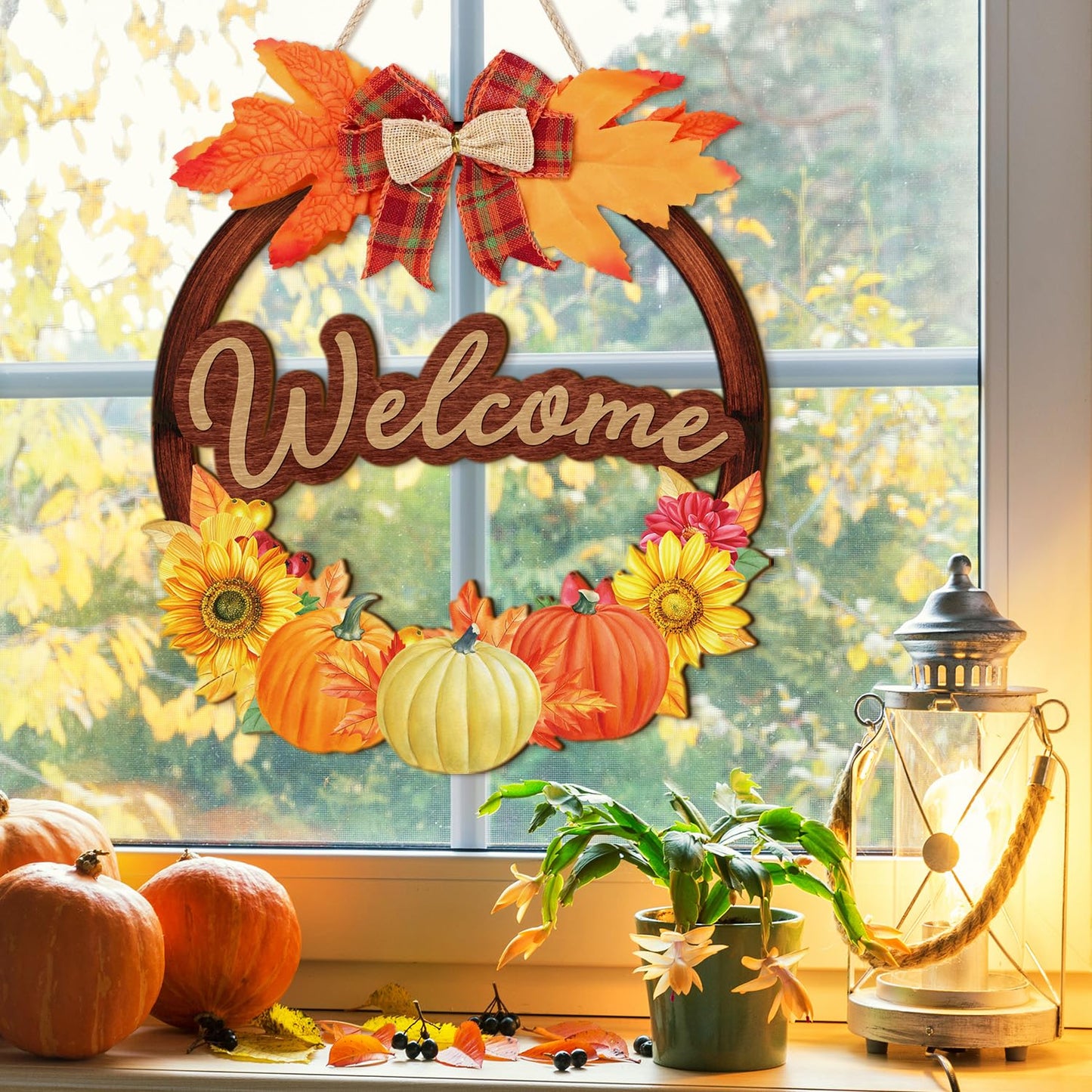 IARTTOP Fall Welcome Front Door Sign(29x28cm) Thanksgiving Pumpkin Wall Hanging Maple Leaves Door Hanger Autumn Harvest Wall Hanging Sign Fall Wreaths for Porch Farmhouse Garden Decoration
