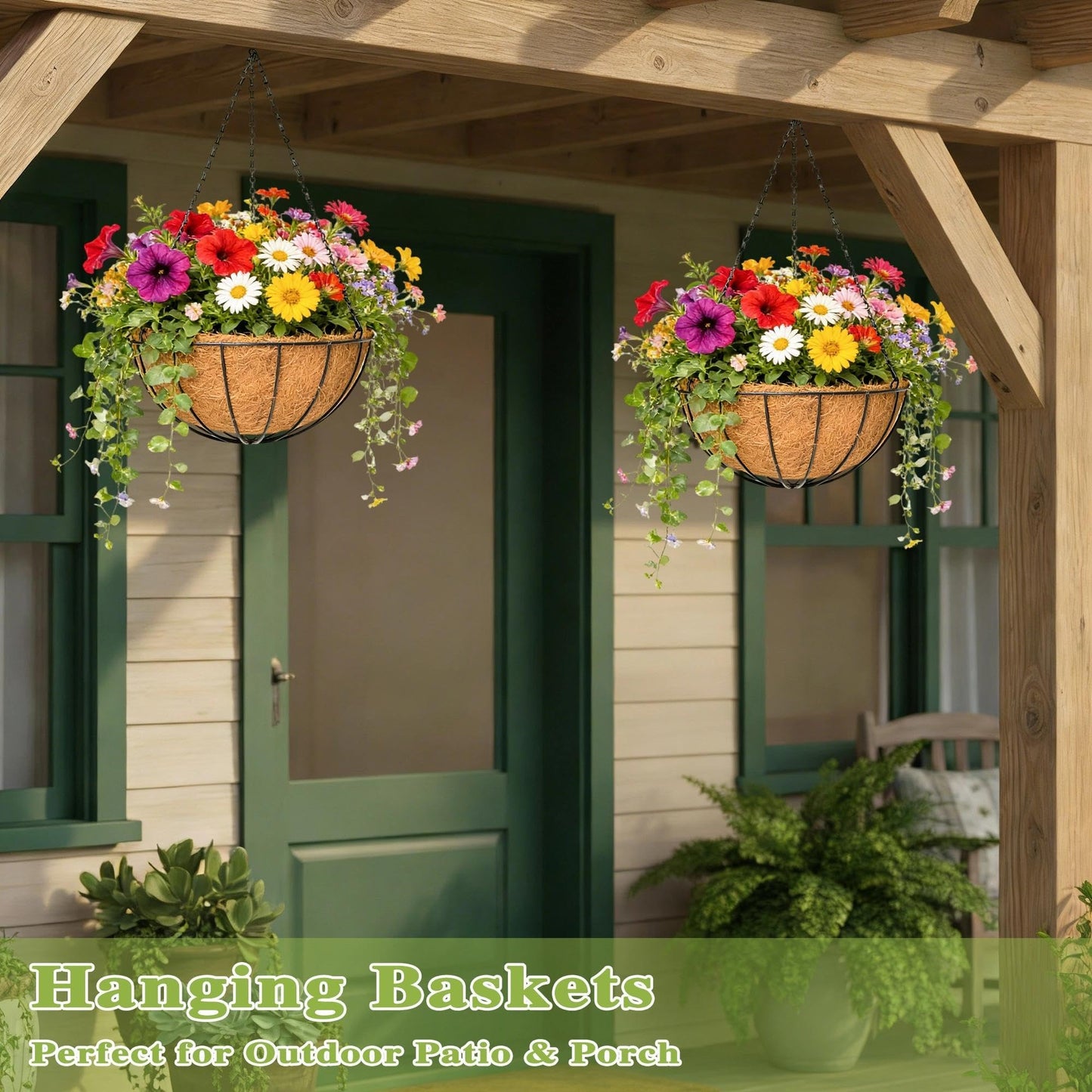 Qusuxi 4 Pack 12 Inch Hanging Baskets for Plants Outdoor Metal Hanging Planter Hanging Flower Baskets with Coco Fiber Liners Chain Round Wire Plant Holder Hangings Flower Pots(Watermelon)