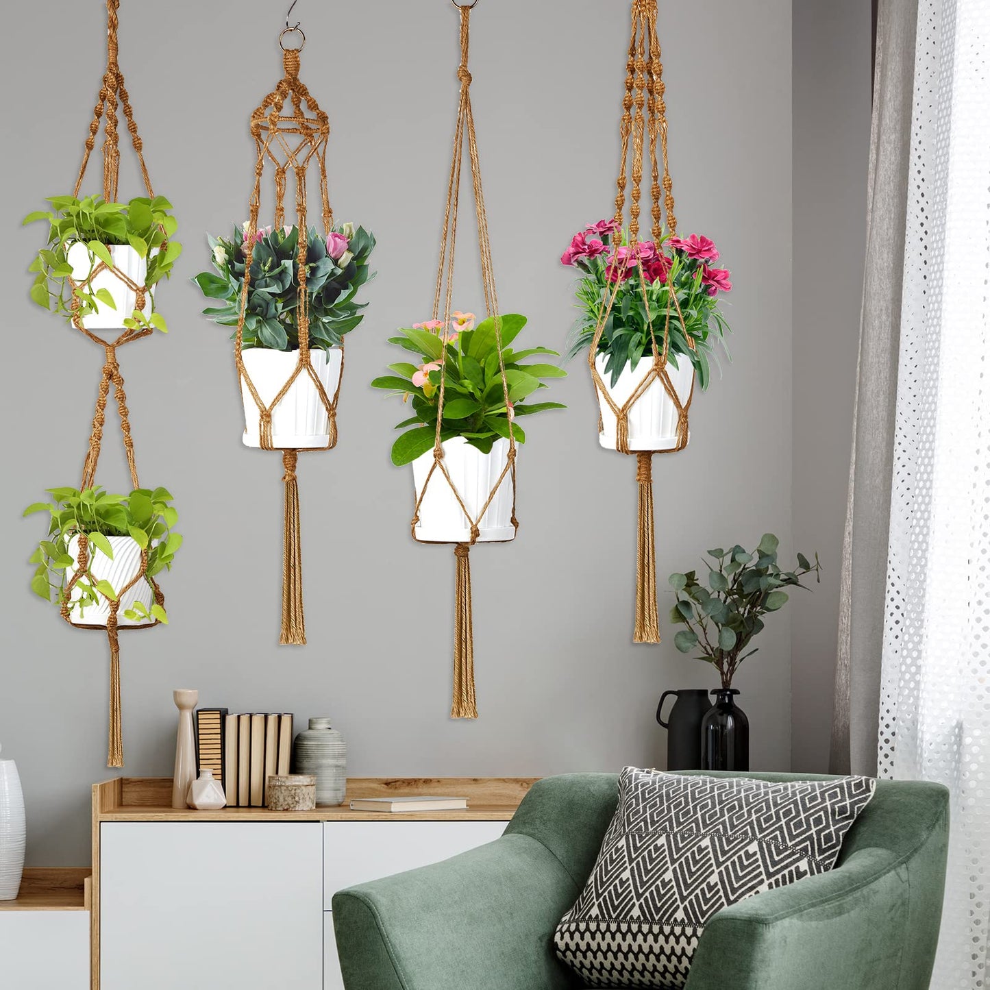 Hoteam 12 Pcs Macrame Plant Hangers Macrame Hanging Planters for Indoor Plants Handmade Boho Hanging Baskets Flower Pots Holder for Outdoor Home Wall Decor(Brown)