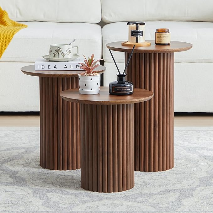 Bifins Round Nesting Coffee Table Set of 3, Mid Century Modern Fluted Coffee