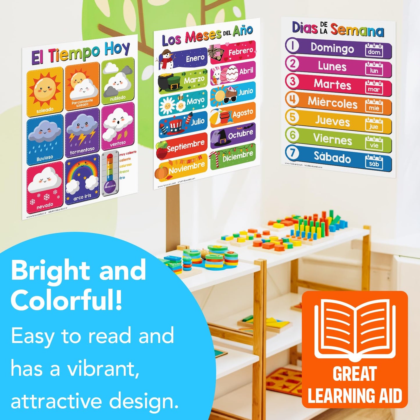 Spanish Educational Posters for Kids – Bundle of 14 Bilingual Classroom and Homeschool Learning Chart Decorations and School Materials, Preschool to Grade 3 | Durable, Glossy Cardstock | 8.5" x 11"