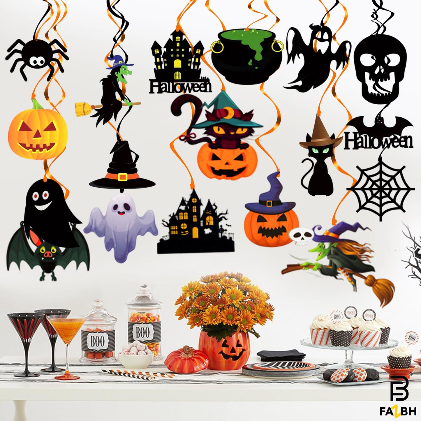 Halloween Balloons and Hanging Swirls - Pack of 64 | Giant 47 Inch Bat Balloons, Black Spider and Pumpkin Balloon | Spooky Halloween Party Decorations