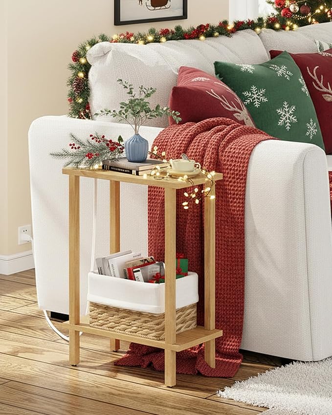 TUTOTAK Small End Table with Charging Station, Narrow Side Table with USB Ports