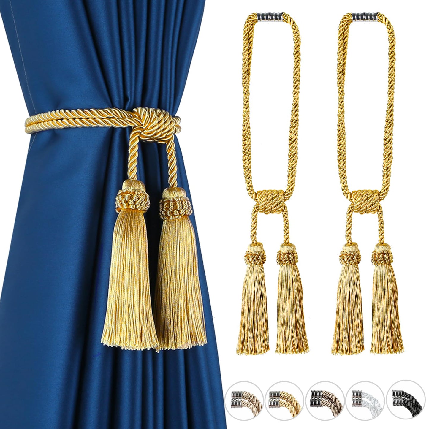Fenghuangwu Magnetic Curtain Tiebacks 2 Pack Tassel Curtain Tieback Modern Handmade Tie Backs,Decorative Tassel Holdback for Draperies,Window Decor(Gold)