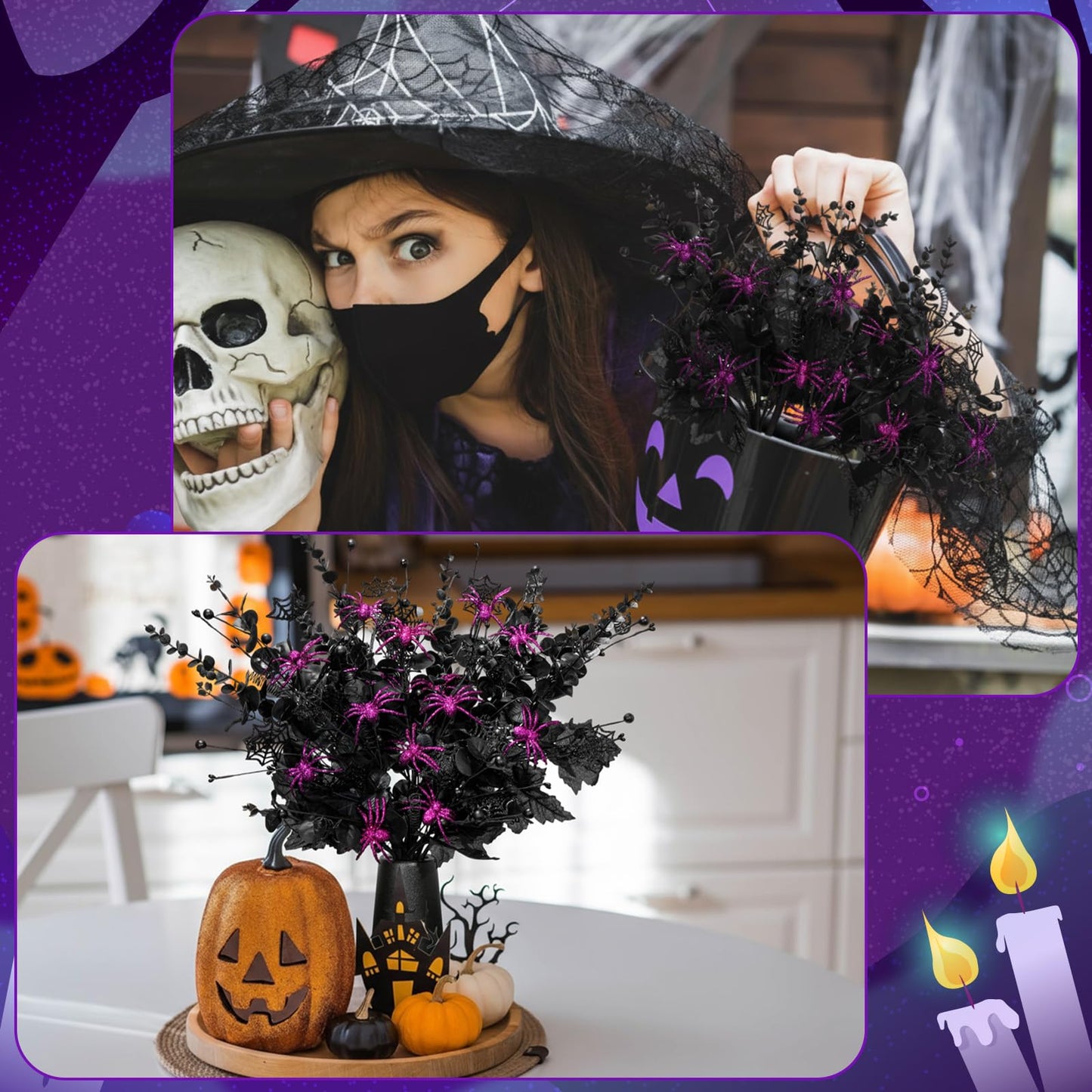 Giegxin 10 Pcs Halloween Floral Picks Halloween Decorations 19.5inch Black Artificial Flowers Branches Eucalyptus Stems Glitter Spiderweb Maple Leaf Stems for Home Indoor Party Vase Arrangement Decor