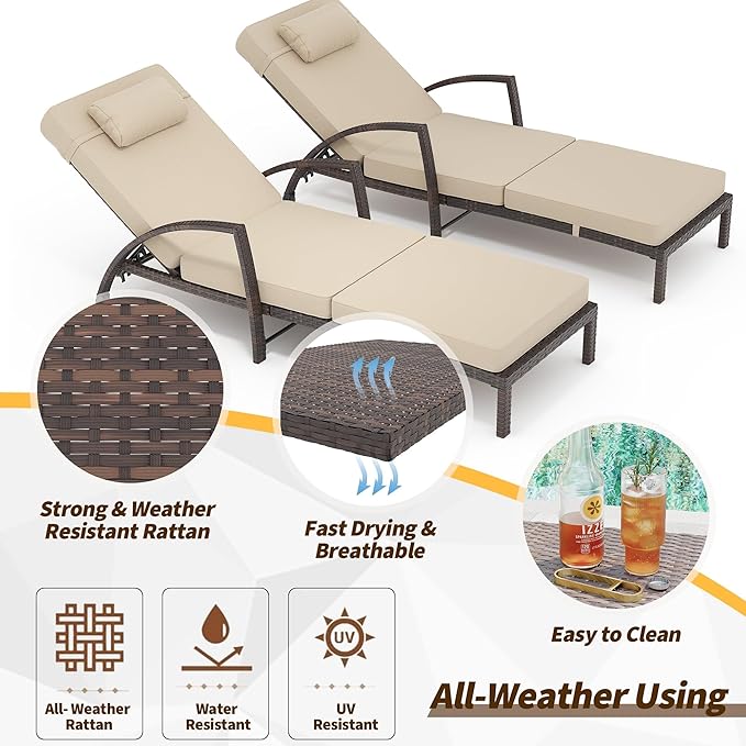 GarveeLife 2-Piece Rattan Patio Folding Chaise Lounge, 5-Position Adjustable