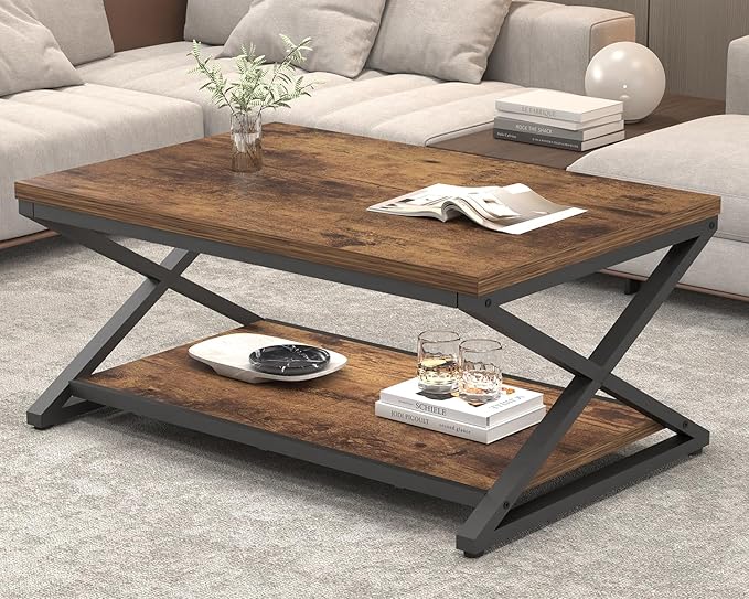 HSH Wood Coffee Table with Storage, Farmhouse Rustic Brown Coffee Table