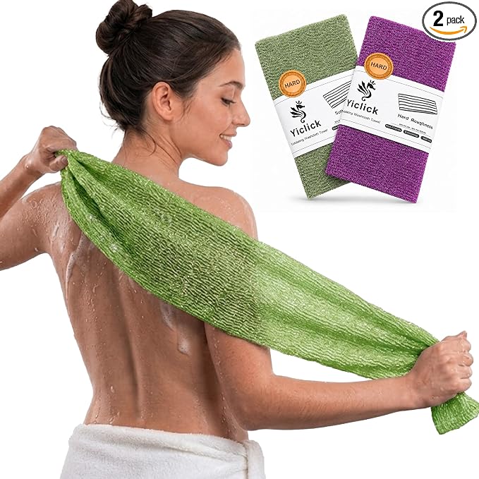 Yiclick 2PCS Exfoliating Washcloth Towel - Exfoliating Body Scrubber Exfoliator, Loofah Sponge Wash Cloth, Korean & Japanse & African Net Sponge Rag - Back Scrubber Washer (Olive Green+Deep Purple)