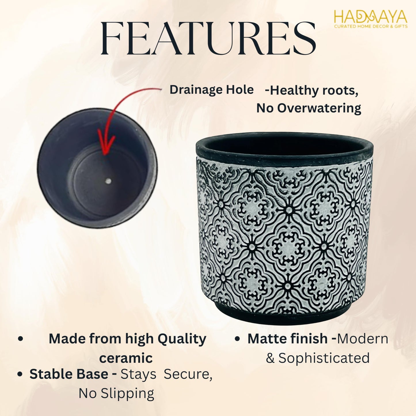 hadaaya Beautiful Succulent Pot – Black Mosaic Floral, Round Ceramic Planter with Mosaic Tile Design, Perfect for Home décor and Indoor Plants.