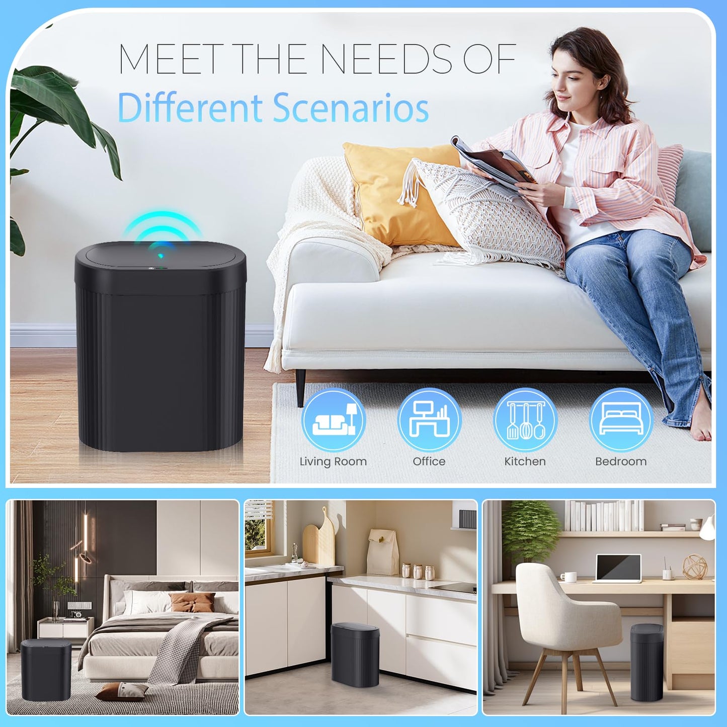 jinligogo 5 Gallon Bathroom Trash Can with Lid, Automatic Motion Sensor Black Trash Can, Touchless Slim Waterproof Garbage Bin for Kitchen, Bedroom, Office, and Bathroom