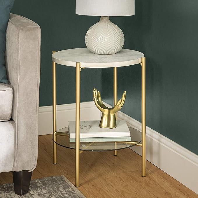 Walker Edison Blaine Mid Century Modern Marble and Glass Round Accent Table