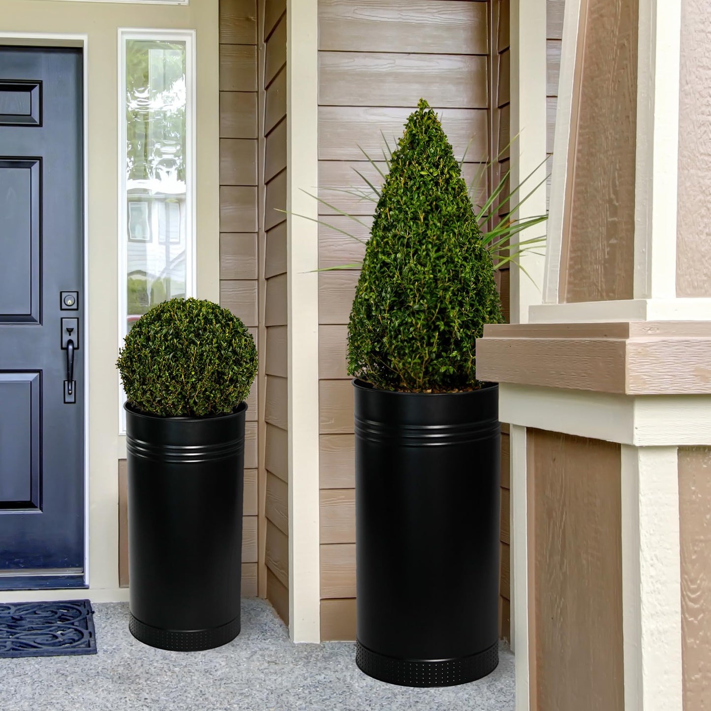 Worth Garden Galvanized Steel Planter 2-Pack - Large:28"x14.5" & Small:24"x12" - Tall Metal Plant Pots - Large Handcrafted Decoration Flower Pot for Indoor Outdoor, Deck, Patio, Front Porch - Black