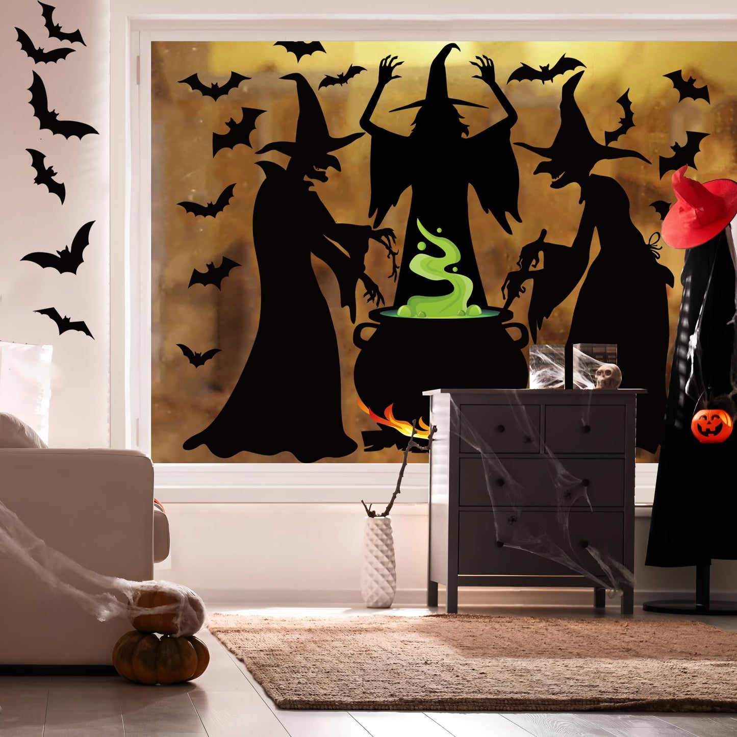 3 Sheets Halloween Witches Window Clings Decor Extra Large Witches with Cauldron Bats Silhouette Double Sided Halloween Window Decals Wicked Witch Windows Stickers for Party School Home Office Glass