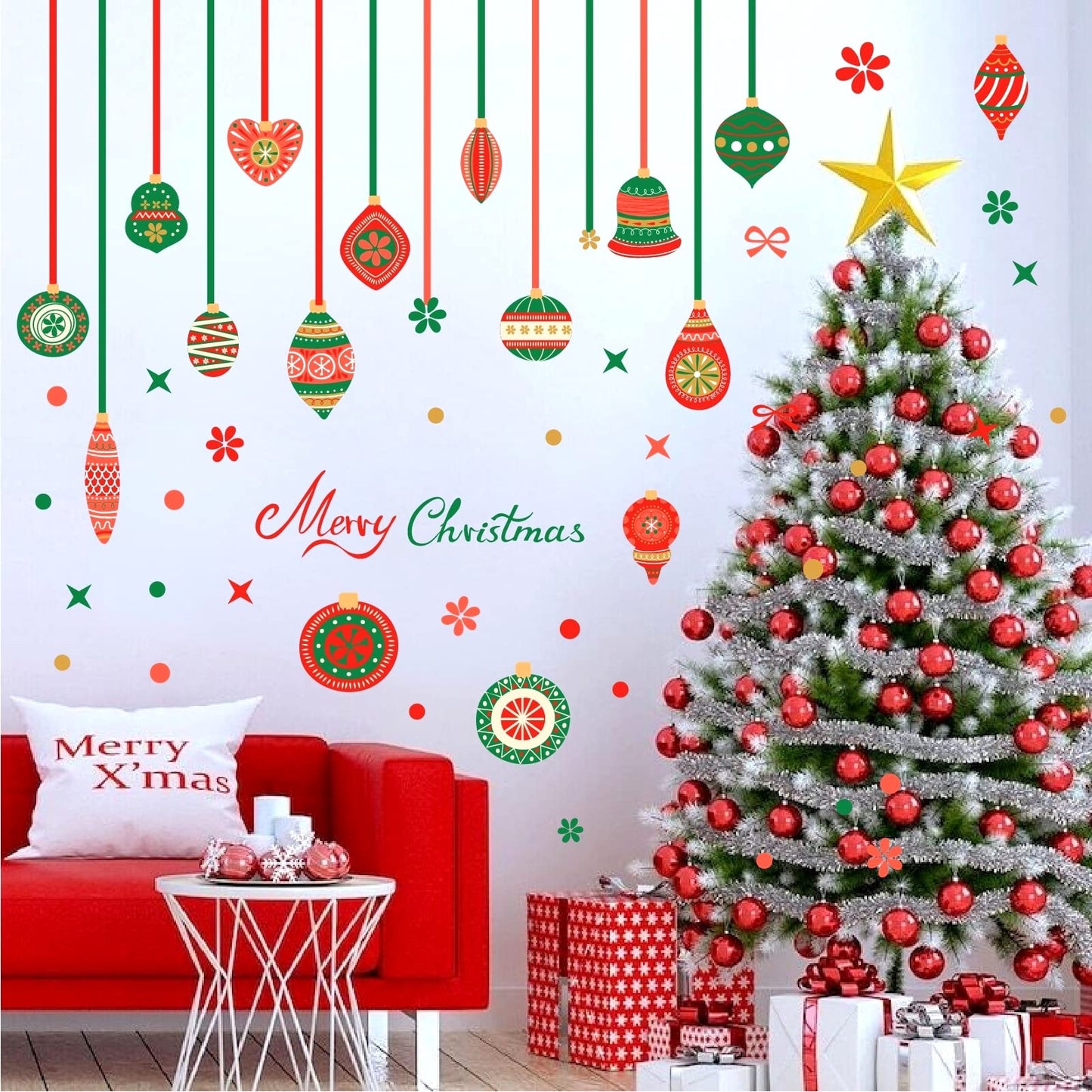 Christmas Bell Wall Stickers Removable Large Xmas Ornament Wall Decals Peel and Stick Merry Christmas Wall Decals Xmas Holiday Wall Stickers Winter Holiday Party Supplies Decorations
