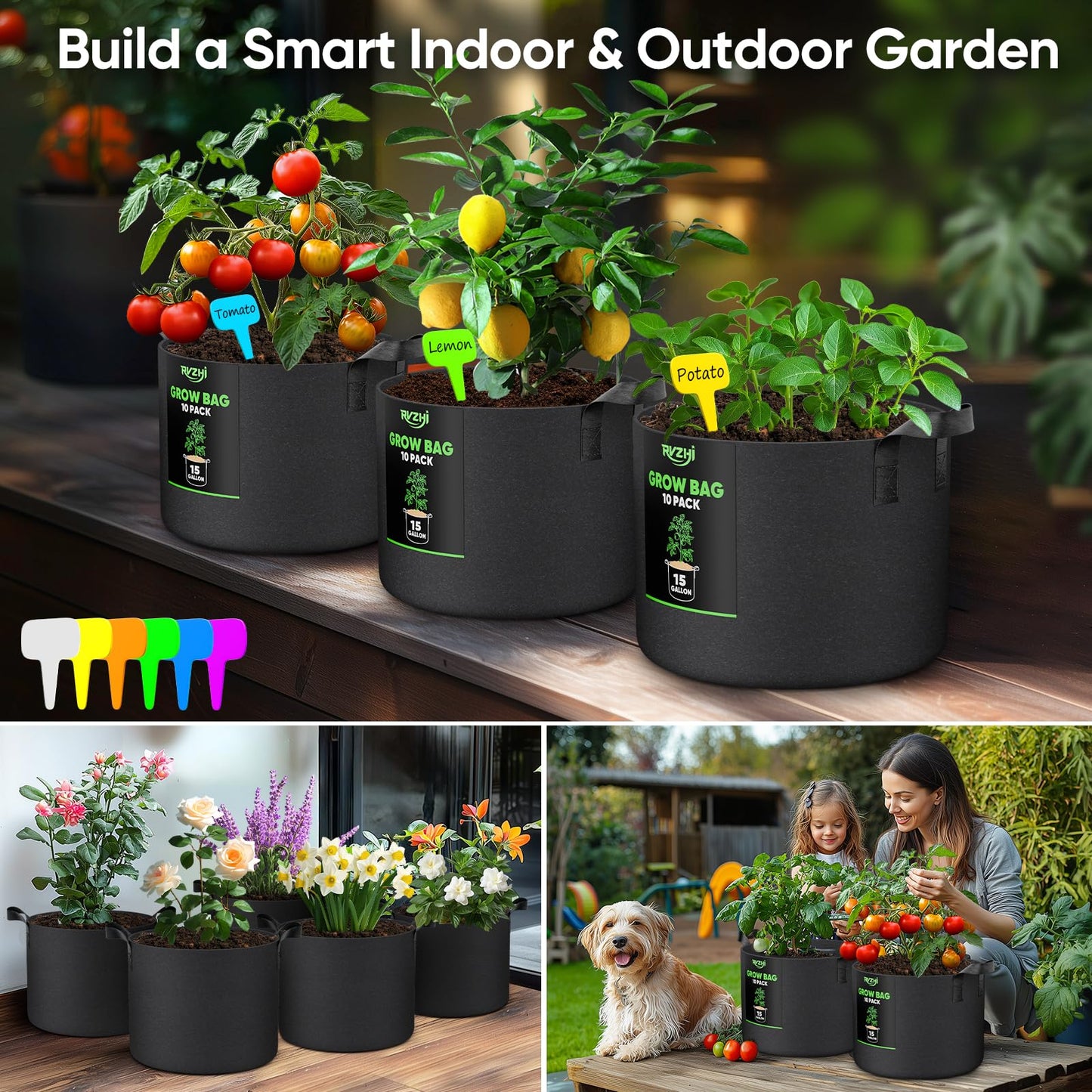 RVZHI Grow Bags for Potato 5-Gallon: 10 Pack Black 350G Heavy Duty Thickened Fabric Pots with Handles & Labels - Nonwoven Gardening Containers for Growing Plants Vegetable Fruit Tomato Flowers Herbs