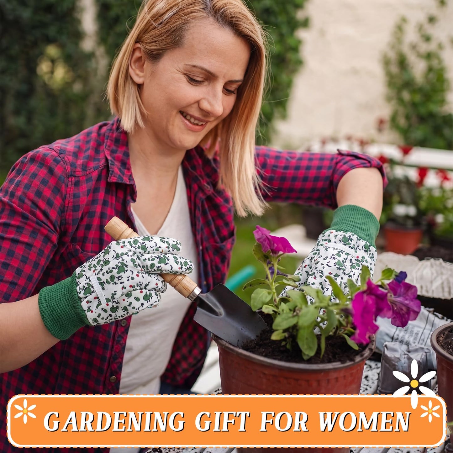 Cuffbow 3 Set Mother's Day Gardening Gifts Floral Gardening Gloves, Garden Shovel, Mini Garden Tools with Mother's Day Cards and Bags for Mom Grandma Birthday Gift (Classic)