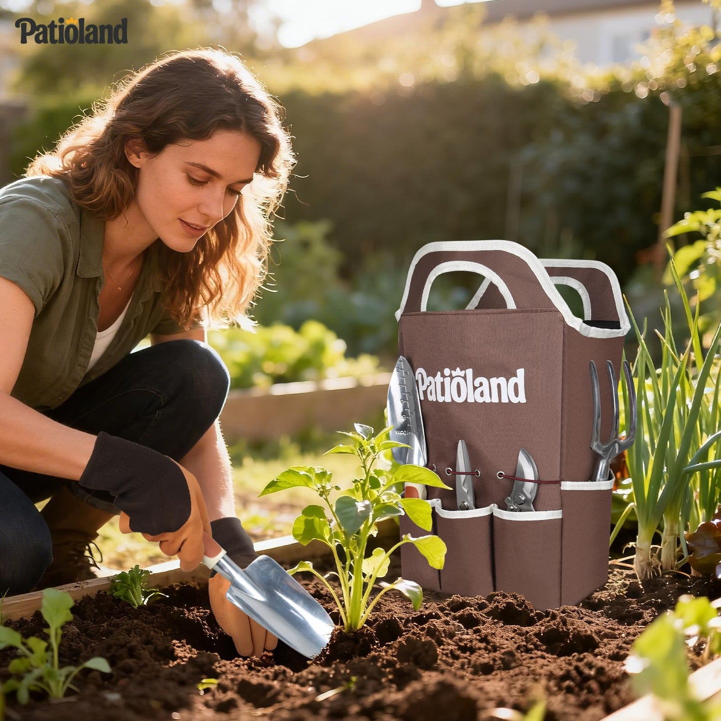 10-Piece Garden Tool Set, Brown Gardening Hand Tools Kit with Ergonomic Non-Slip Handles, Heavy Duty Rust-Proof Aluminum Tools, Organizer Tote Bag & Gloves, Ideal Gardening Gifts for Women and Men