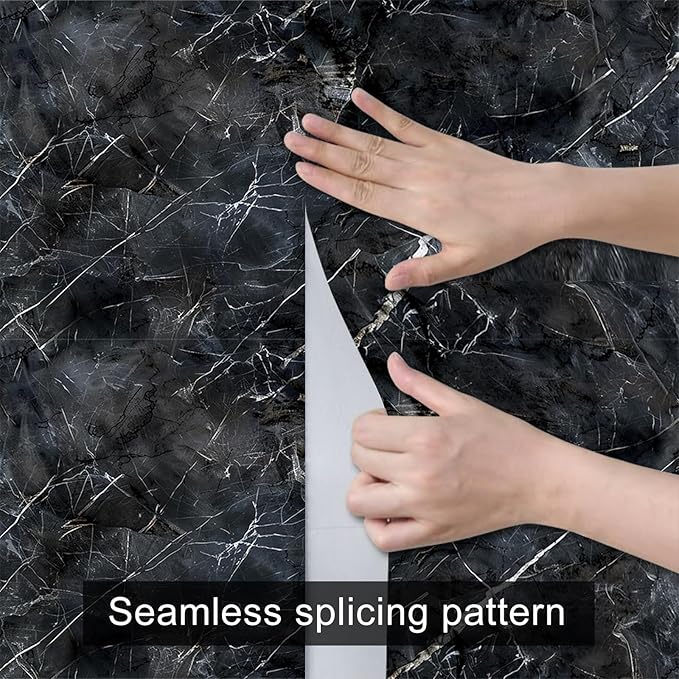 HOMETITUTE Black Marble Wallpaper Peel and Stick Dark Stone Pattern 118.1x17.7