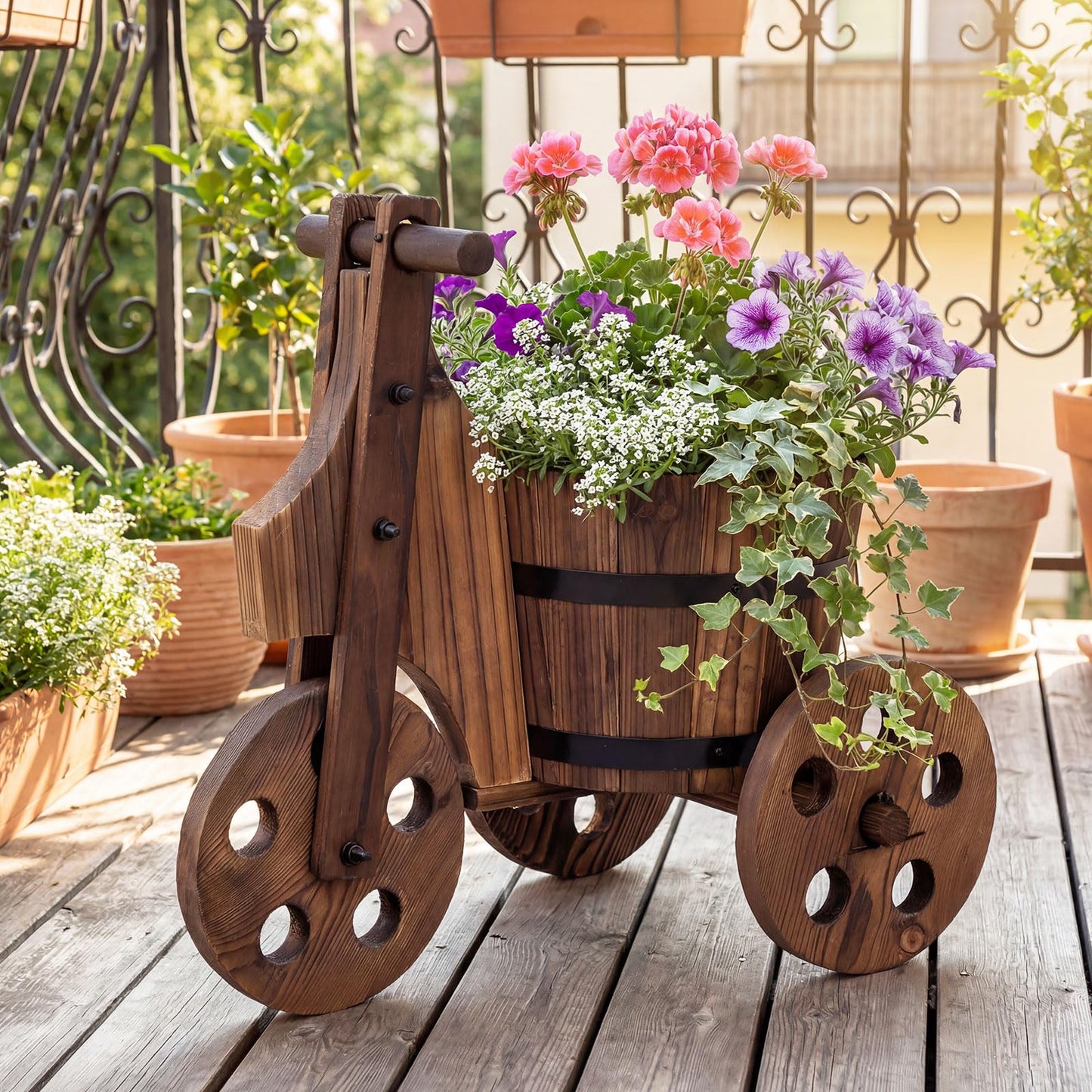 Giantex Wooden Wagon Planter with Wheels, Rustic Wood Plant Stand with 3 Wheels & Drainage Hole for Flowers Herbs Vegetables, Indoor Outdoor Decorative Garden Flower Cart for Patio Backyard (1)