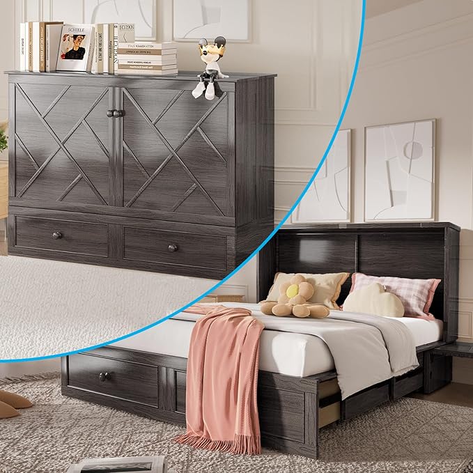 Mjkone Murphy Cabinet Bed Queen Size, Solid Wood Mobile Wall Beds Chest