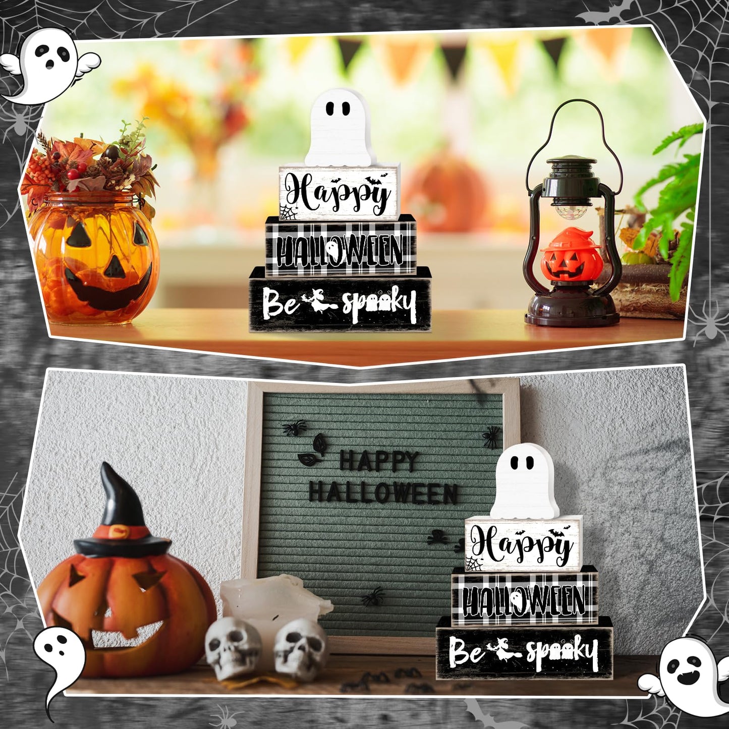 Britimes 4 Pcs Halloween Decorations for Home Ghost Table Decor Halloween Tiered Tray Decorations Set Gift Spooky Stack Block Signs Rustic Farmhouse Tabletop Decor for Table & Home Office