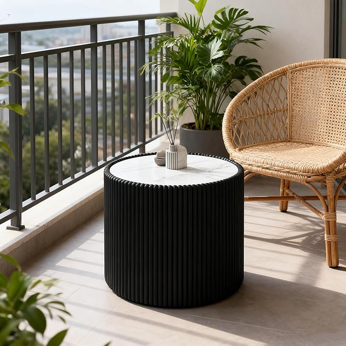 Marble Round Side Table, 17.71" Fluted End Table