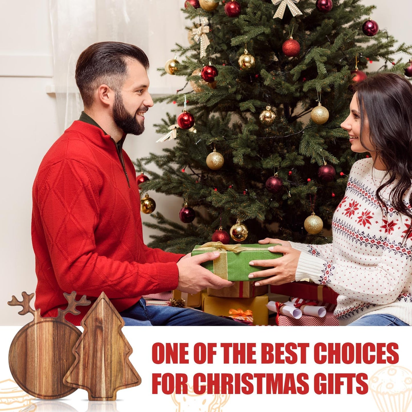 Umigy 2 Pcs Christmas Charcuterie Boards Christmas Tree Wooden Cutting Board with Handle Antler Acacia Wood Cute Cutting Board for Cheese Fruit Bread Salad Vegetables Snack Dessert