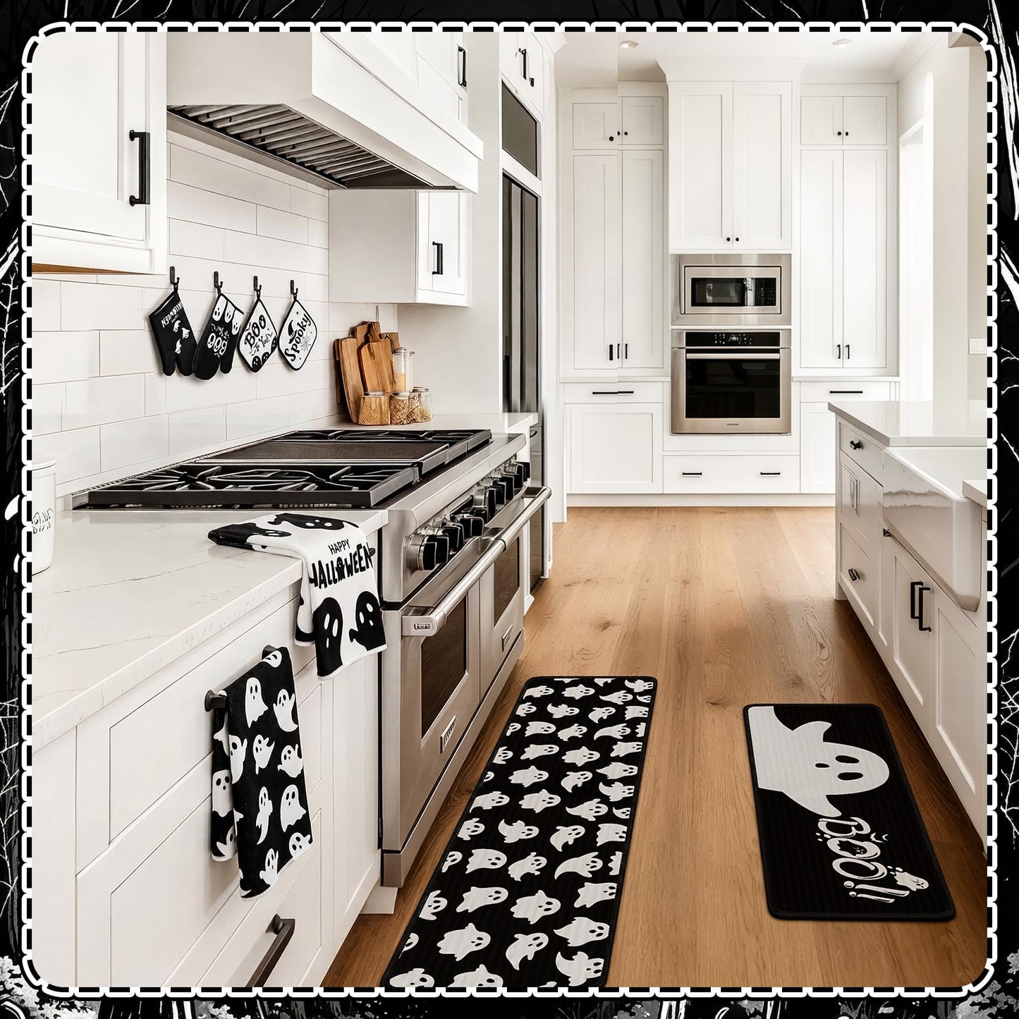 Fanfanwin 10 Pcs Halloween Ghost Kitchen Decor Set Ghost Kitchen Rugs Towels Pot Holders Oven Mitts Set for Baking Cooking BBQ Halloween Decorations
