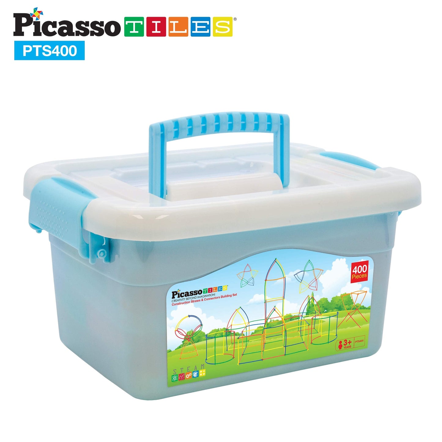 PicassoTiles 400pc Construction Toy Straw Building Set Children STEM Learning Interlocking Building Toys Creative Straw Connecting Builder Kits Early Education Kit for Kids Boys & Girls Ages 3+ PTS400