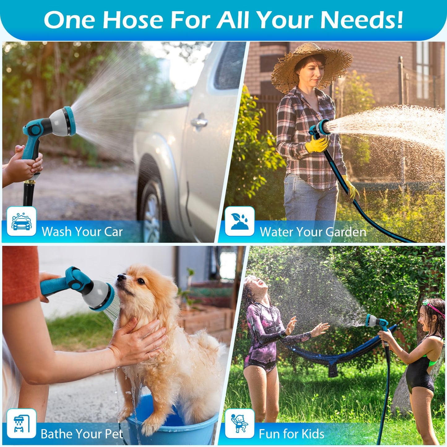 WHOBUY 100FT Non-Expandable Garden Hose, Flexible Water Hose with Spray Nozzle, Kink-Resistant, Leakproof 3/4" Brass Connectors, Lightweight & Portable Water Pipe for Yard, Lawn Outdoor