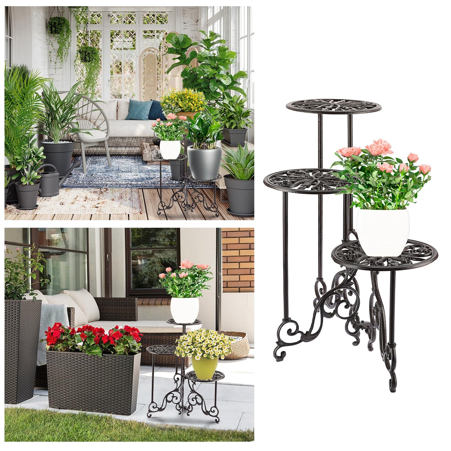 OwnMy 3 Tier Heavy Duty Cast Iron Plant Stand Foldable Wrought Iron Flower Pot Holder, Indoor Outdoor Tall Plant Stand Shelf for Garden Patio, Decorative Round Metal Plant Display Rack, Retro Brown