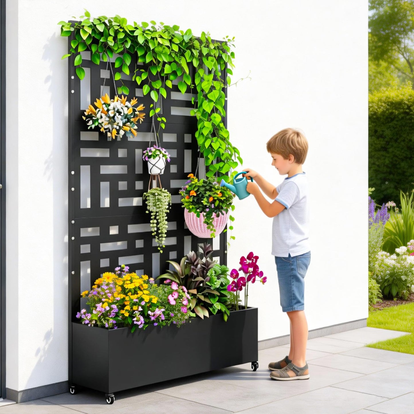 Nexum Metal Planter Box with Trellis & Wheels, 71"x47"x16" Planter Boxes Outdoor with Drainage Holes, Privacy Planters for Patio, Balcony, Backyard, Poolside