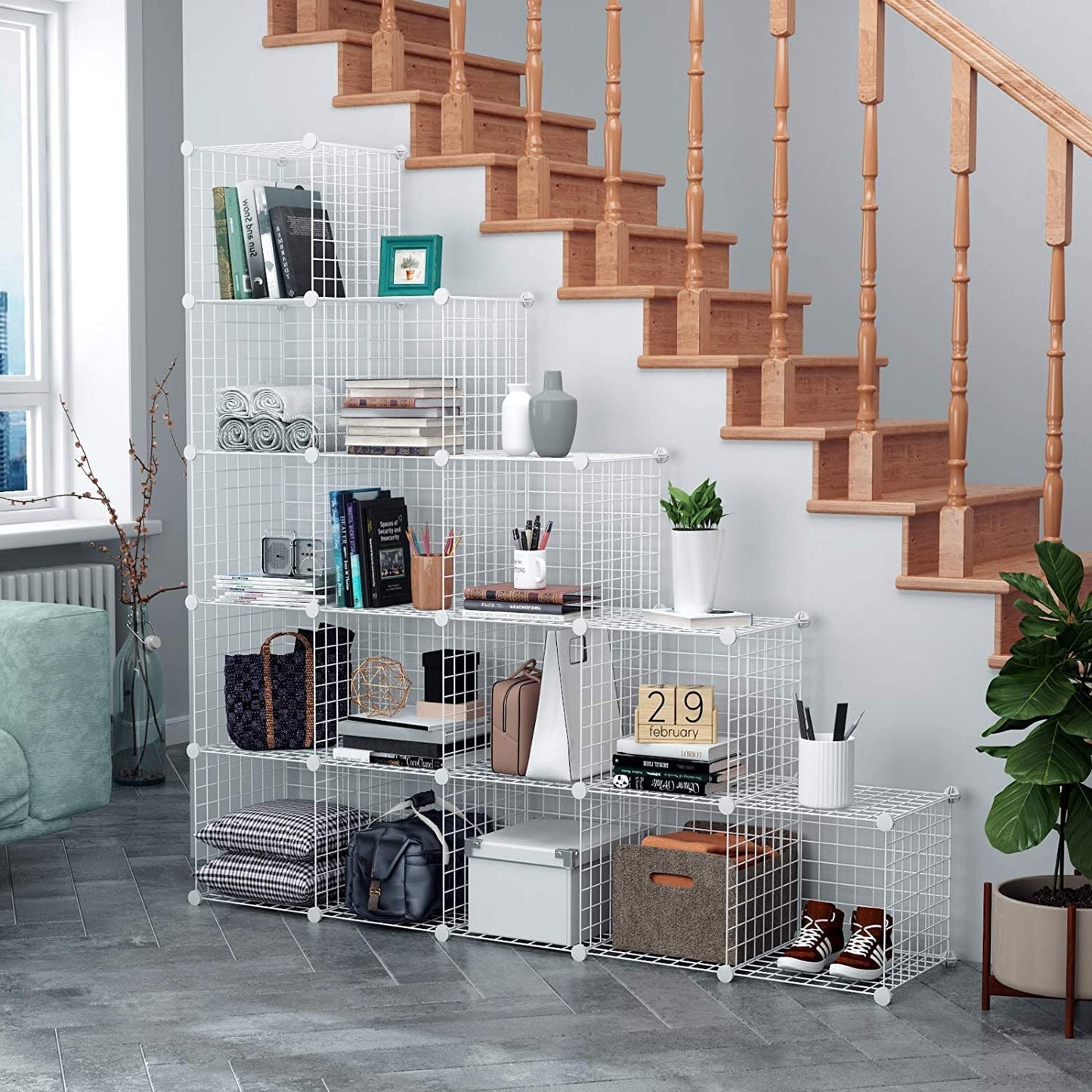 HUBSON Wire Cube Storage Organizer, Book/Toy/Craft/Potted Plants and petCloset Organizers and Storage Shelves, 20-Cube Freely Combinable Metal Grids Storage Shelf, White Iron