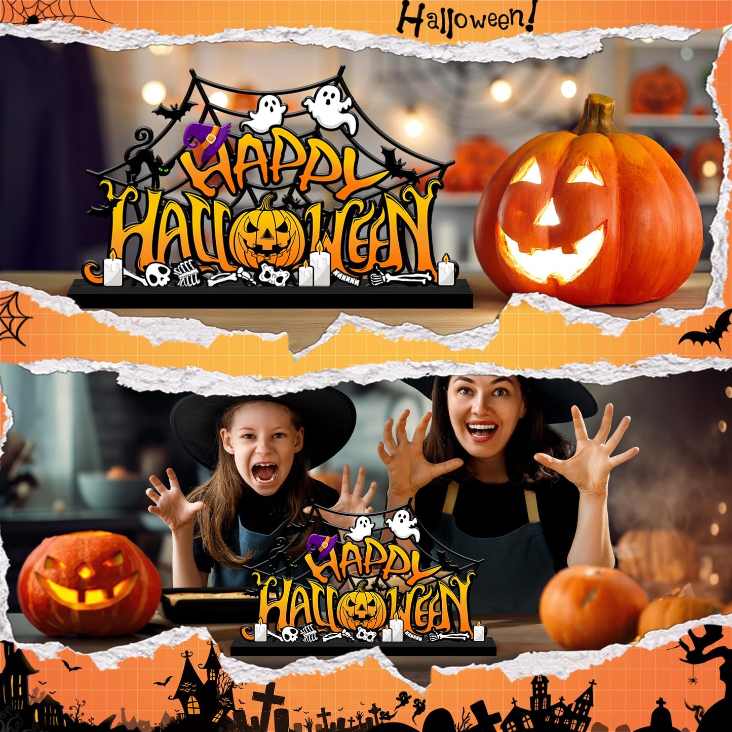 Halloween Decorations for Home Metal Tabletop Sign, Spooky Pumpkin Ghost Table Decor Rustic Farmhouse Halloween Tiered Tray Decor Metal Sign Tabletop Centerpiece for Home Mantel Shelf Desk