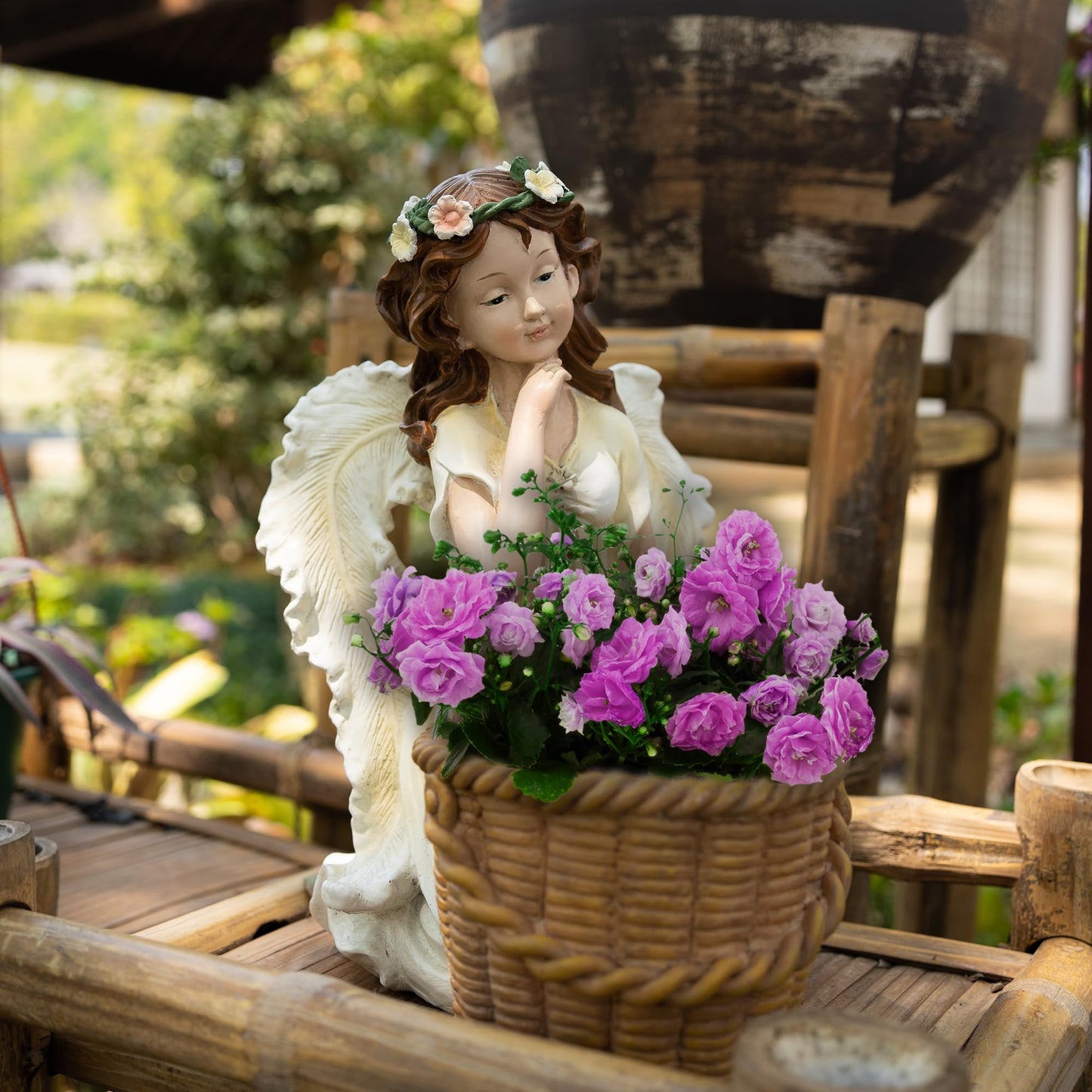 Floryden Garden Angel Planter, 11.8 inch Decorative Resin Fairy Flower Pot, Hand Painted Outdoor Patio Figurine