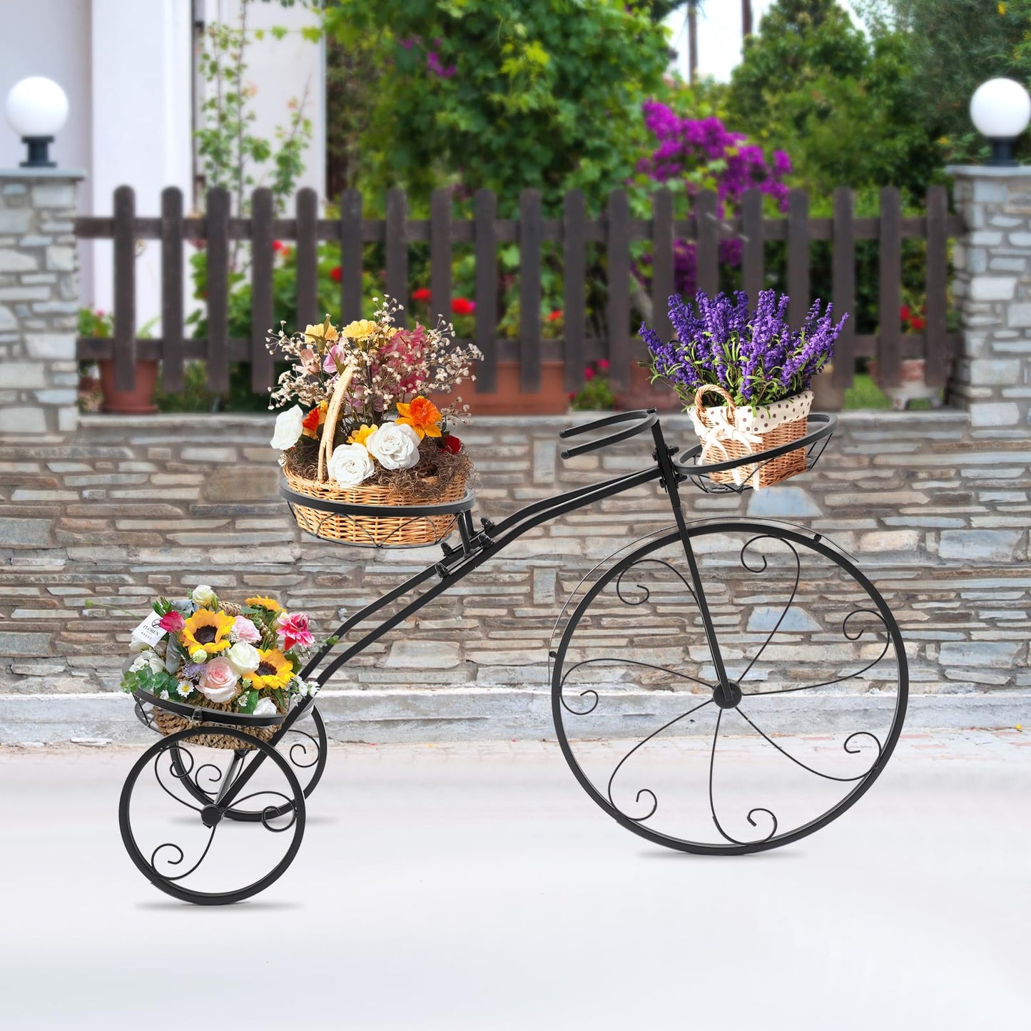 lxrnqcey Bicycle Plant Stand, Three-wheeled Plant Stand, Outdoor Planter, Metal Standing Flower Holder Plant Stands for Patio, Deck, Garden or Lawn