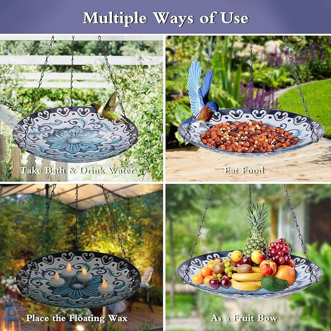 MUMTOP Hanging Bird Bath - Bird Baths for Outdoors, 12 Inch Glass Bird Bath Bowl Outdoor Bird Feeders for Garden Yard and Patio Decor