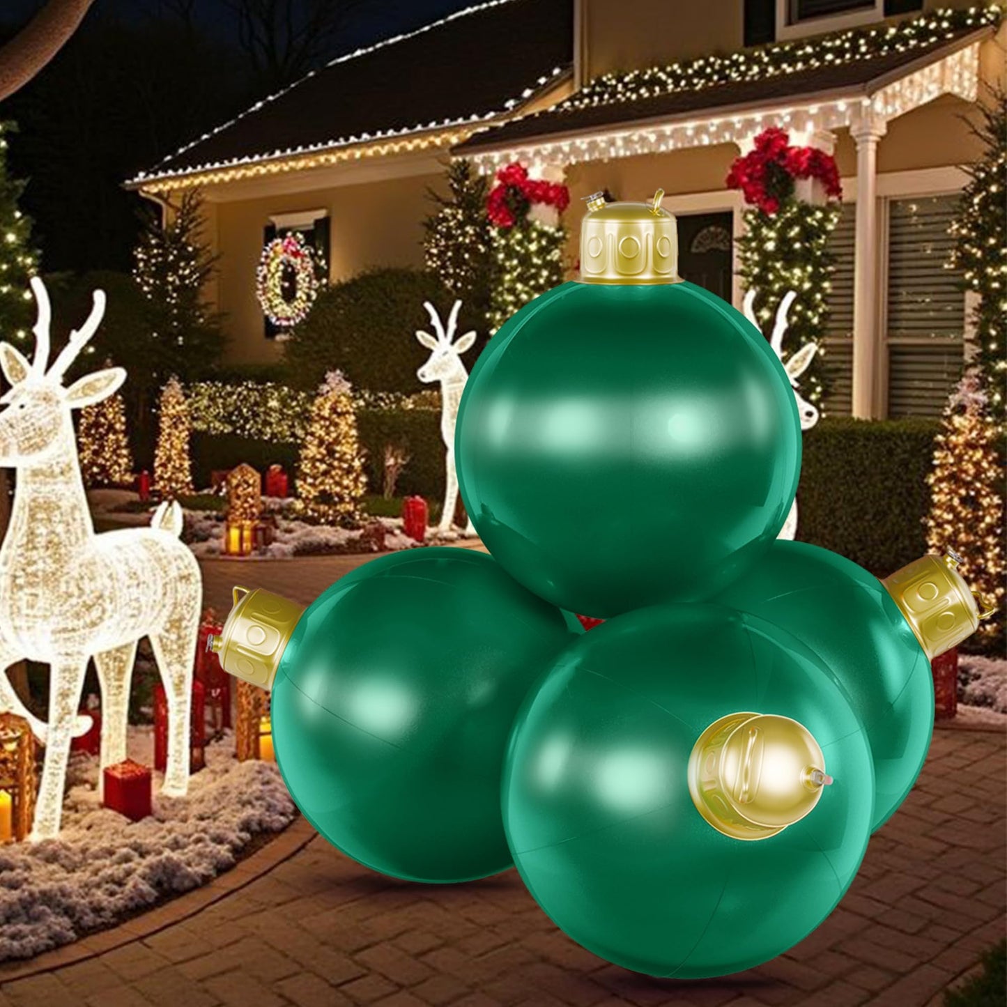 4 in 1 18 Inch Inflatable Christmas Balls Large Inflatable Christmas Ornaments Blow up Xmas Ornaments for Outside Holiday Yard Lawn Porch Decor-Green