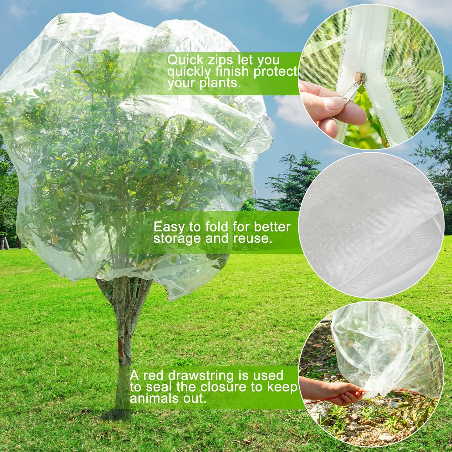 Large Fruit Orchard Netting, 6.56 x 6.56 FT Plant Netting with Zipper and Drawstring, Garden Netting to Protect Fruit from Anti Birds, Bugs, Cicadas, Insects