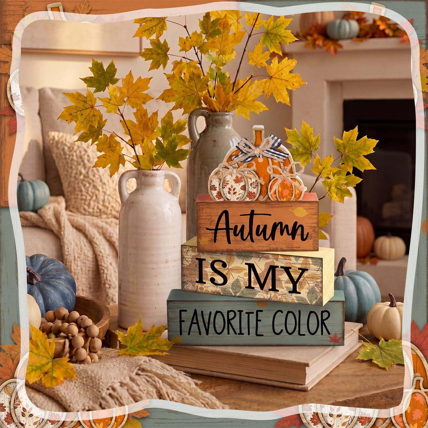 Lineshading 4 Pcs Fall Pumpkin Decor Fall Table Decoration Thanksgiving Tiered Tray Decor Thanksgiving Centerpiece Rustic Stacked Pumpkin Block Signs Farmhouse Harvest Decorations for Home Kitchen