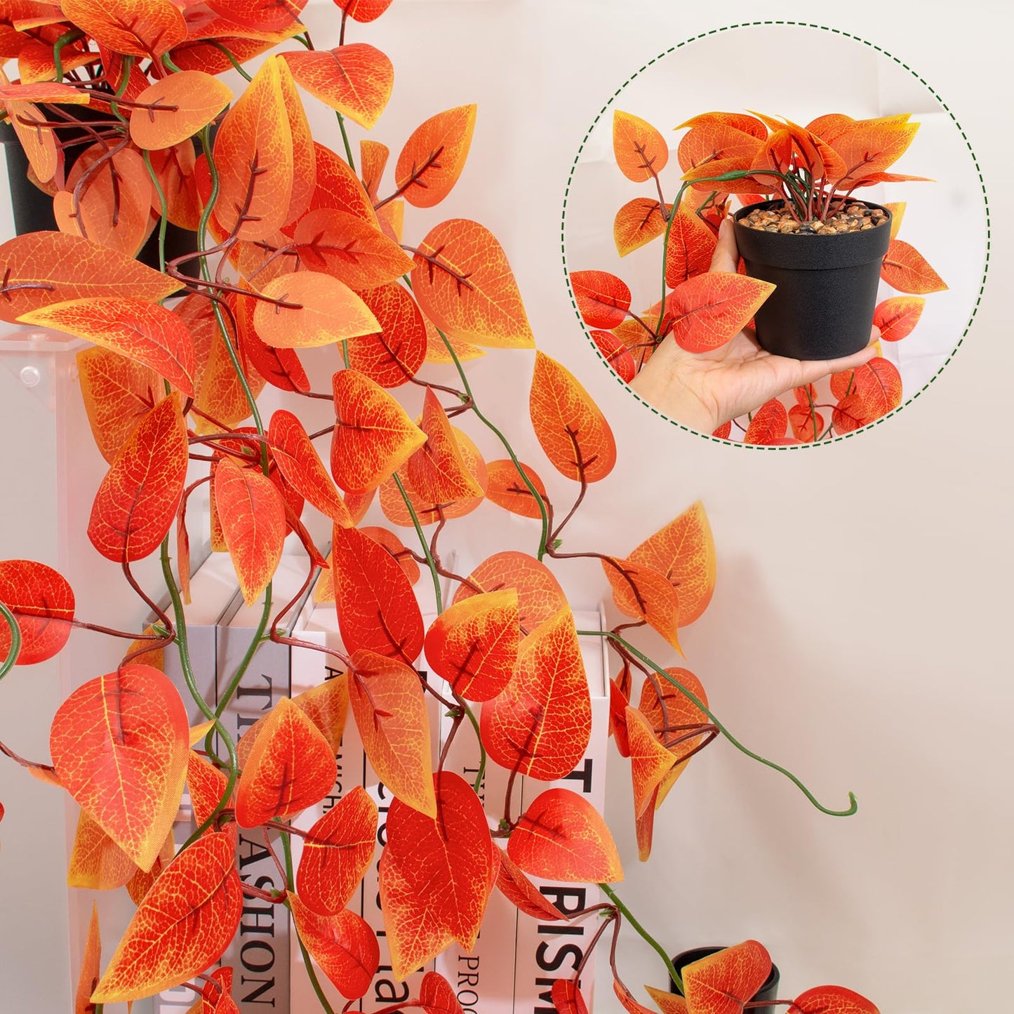 3 Pack Artificial Fall Plants Hanging Orange Vines Potted Fall Foliage Fake Pothos Trailing Plant Autumn Decoration for Indoor Outdoor Thanksgiving Bathroom Wall Kitchen Room Shelf Decor (Black Pot)