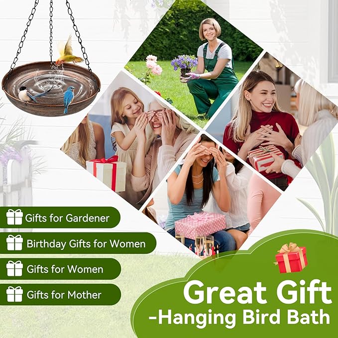 Hanging Bird Bath for Outside, 10" Metal Bird Bath Bowl with Chains & Hook Outdoor Hanging Birdbath for Tree, Gazebo, Patio, Balcony, Gift for Bird Lovers