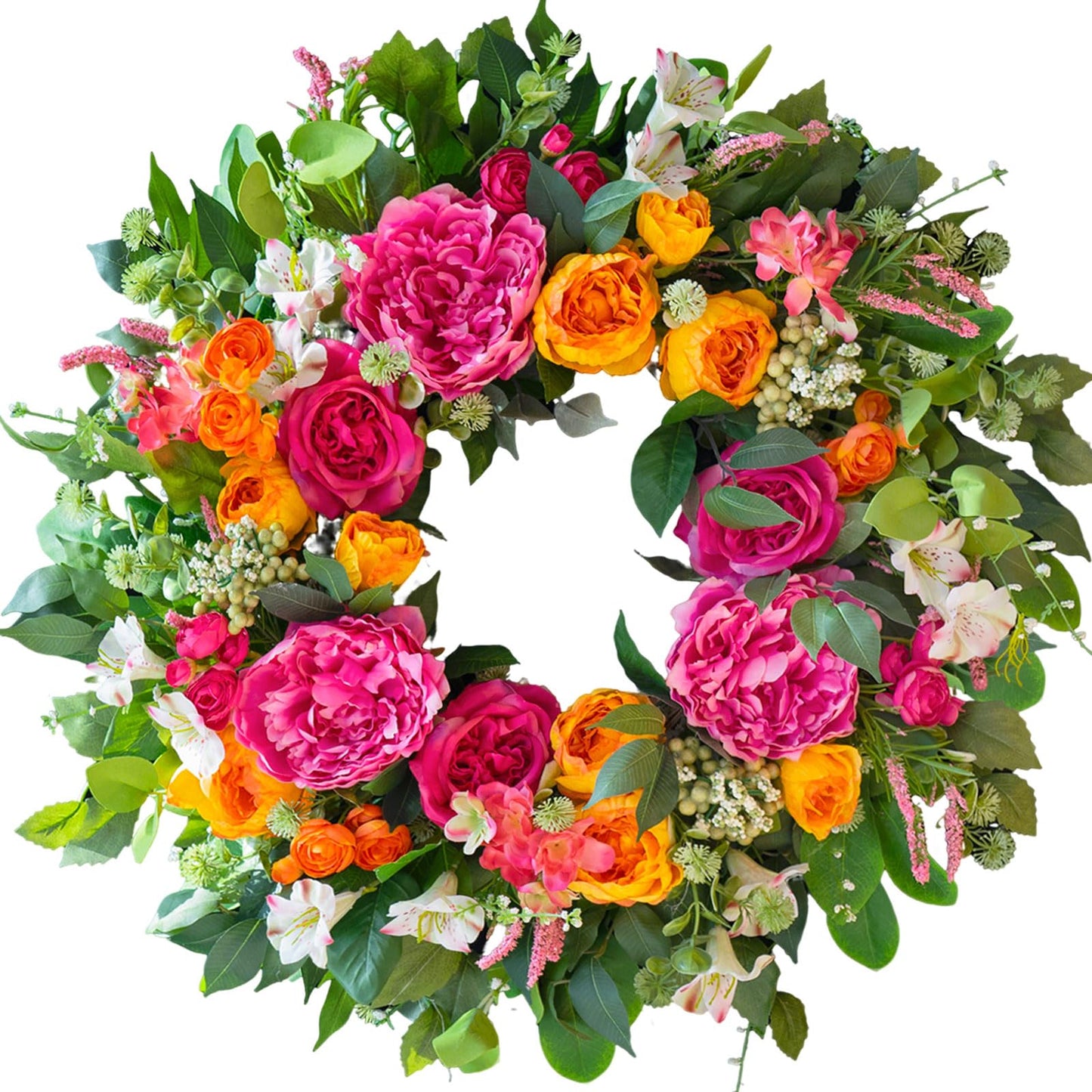 CHvista 24 Inch Spring Wreaths for Front Door Outside,Handcrafted Garden Rose & Peony Style Summer Wreath with Pink,Orange Ivory Flowers- Lush Spring Door Wreath for Farmhouse Home Wall Porch Window
