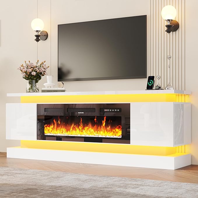 chartustriable 71IN LED TV Stands w/40 inch Fireplace Power Outlet