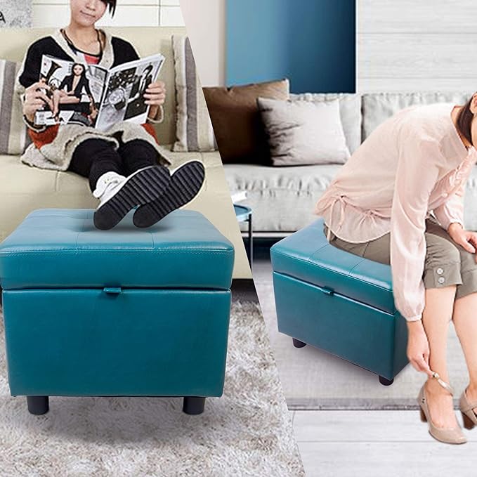 H&B Luxuries Tufted Leather Square Flip Top Storage Ottoman Cube Foot Rest